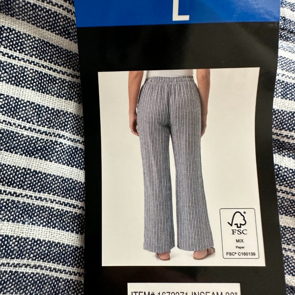 Briggs Women's Linen Blend Pant Size L Blue Striped Cottagecore Coastal Boho NEW - Picture 6 of 11